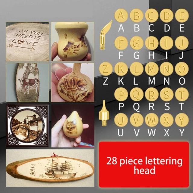 Kit Completo de Pirografia com 26 Letras Inglesas e 28 Peças: Canetas, Pontas de Solda e Ferramentas para Escultura
