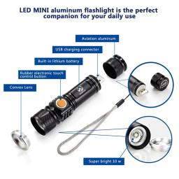 Poderosa Lanterna LED com Cabeça de Carregamento USB, Tocha Impermeável, Luz Portátil, Bateria Embutida, Zoomable, 3 Modos de Iluminação - Image 3