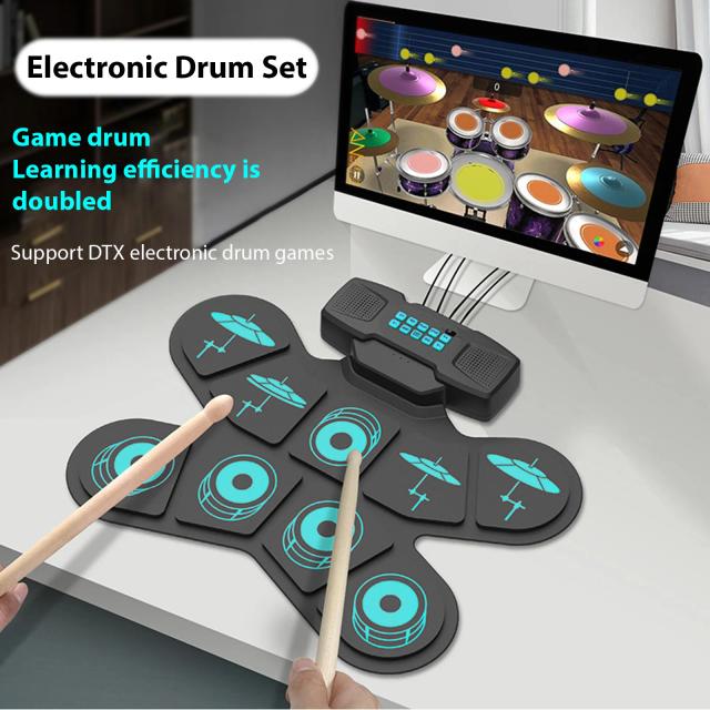 Bateria Eletrônica Portátil 9 Pads Recarregável com Alto-Falantes Duplos