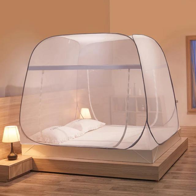 Tenda Mongol Anti-Mosquito com Zíper, Cortina Dobrável para Cama de Casal e Cobertura Completa