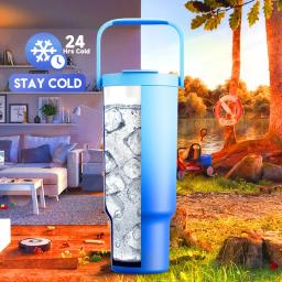 Meoky Copo de aço inoxidável, garrafa de água isolada a vácuo azul para home office ou carro, copo reutilizável, flip resistente a vazamento, 40oz - Image 1