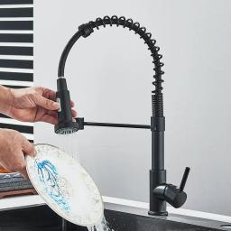 Torneira de cozinha flexível preta fosca, Pull Down Pulverizador, Bico de modos duplos, Torneiras misturadoras para pia, Água quente e fria, Gourmet - Image 3
