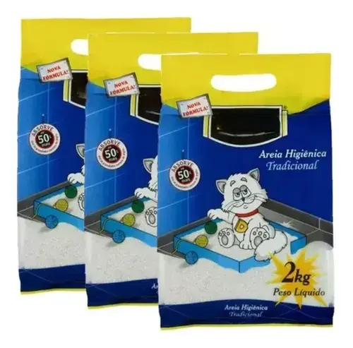 Areia Higiênica Tradicional para Gatos - Pacote com 3 Unidades de 2kg Cada