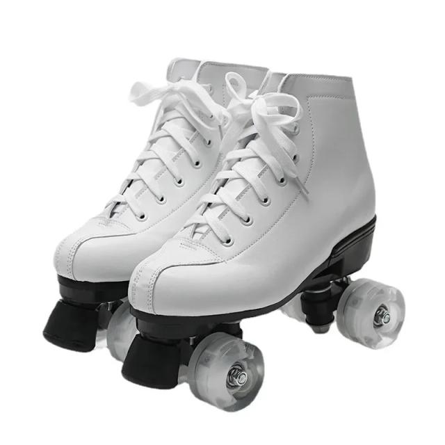 Sapatos de Patins Unissex em Couro Microfibra com 4 Rodas de Borracha PU para Patinação Deslizante e Treinamento Esportivo para Adultos
