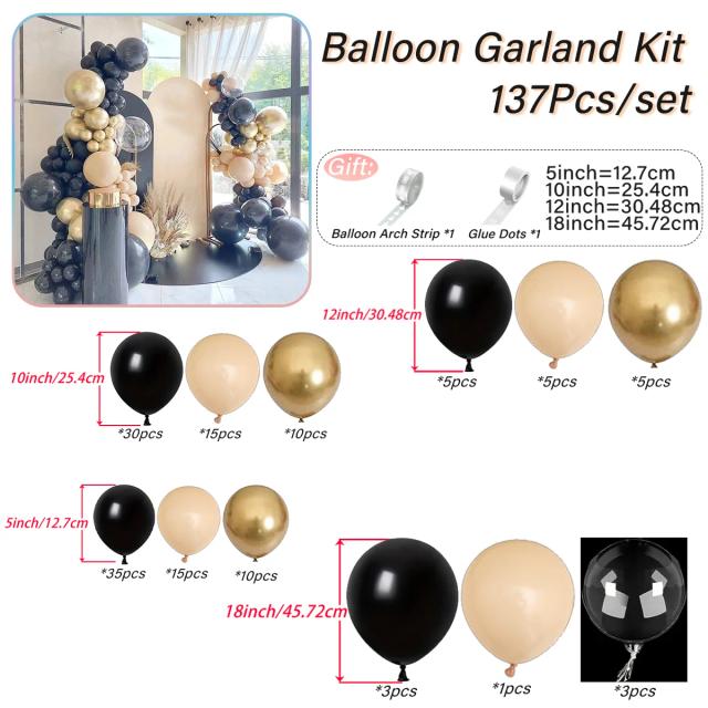 Kit Completo de Balões de Decoração para Festas em Pêssego Preto, Dourado e Creme - 137 Peças para Aniversários e Eventos Especiais