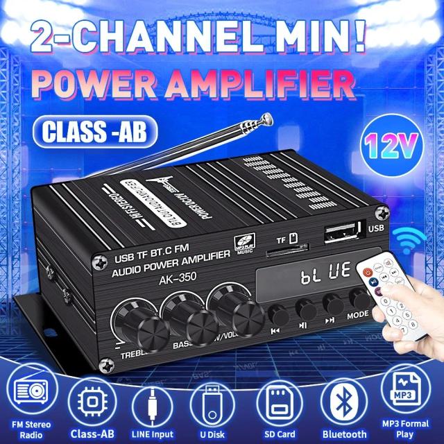 Amplificador de Potência HiFi AK-350 para Casa e Carro com Bluetooth 5.0, USB, SD, FM e Áudio Stereo 2.0 CH