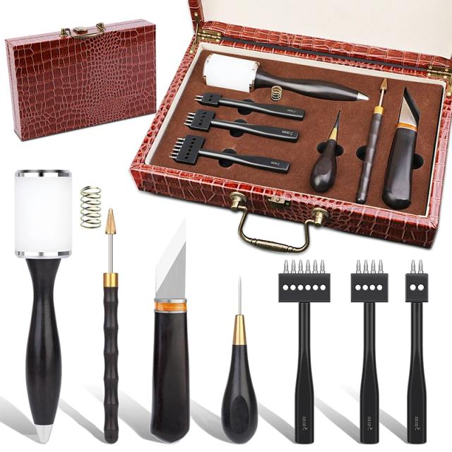 Conjunto Profissional de Ferramentas Artesanais em Couro: Costura Manual, Perfurador, Escultura, Martelo e Acessórios DIY com Caixa Organizadora