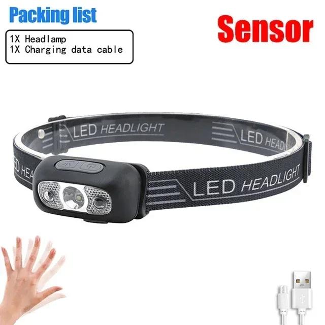 Portátil LED Sensor Farol, luz forte, USB recarregável, lanterna principal, ao ar livre, camping, pesca, lanterna de emergência - Image 1