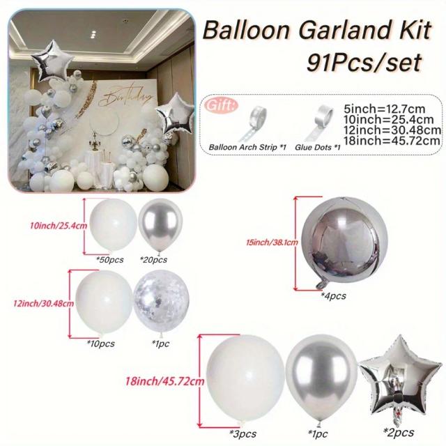 Kit Completo de Arco de Balões de Látex em Branco e Prata para Decoração de Festas, Aniversários e Feriados - 91 Peças