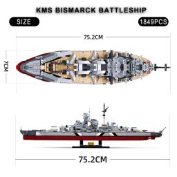 WW2 Alemanha Marinha Navios de Guerra Blocos para Crianças, KMS Bismarck Battleship Model Kit, Soldado Weapon Boat Bricks, Conjunto de brinquedos militares - Image 4