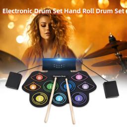 Rolo de mão bateria eletrônica, 9 almofadas, alto-falante estéreo embutido, baquetas pedal, presente de aniversário, prática pad kit - Image 2