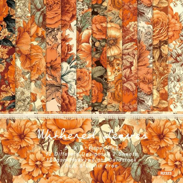 Pacote de Papel de Scrapbooking Estampado Floral Laranja 6"x6" com 24 Folhas para Projetos DIY