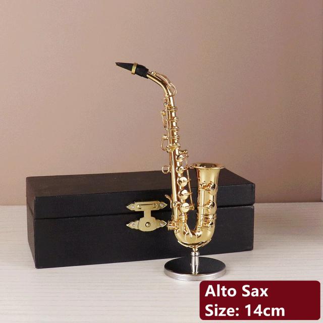 Mini Saxofone Decorativo com Acessórios e Suporte de Metal - Ideal para Presentes e Colecionadores de Instrumentos Musicais
