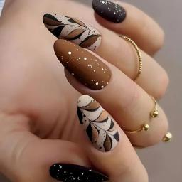 24 pçs outono inverno fosco amêndoa unhas falsas com cola rosa folha impressão arte do prego simples cobertura completa imprensa em unhas acrílicas dicas - Image 3