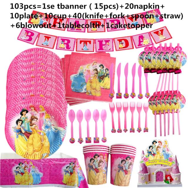 Decoração Completa de Festa Princesa: Conjunto de Utensílios, Banner, Balões e Topper de Bolo para Meninas