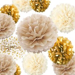 Pompons de papel para decorações de aniversário, guirlandas ponto, pano de fundo pendurado para o ano novo, decoração de natal, ouro champanhe bege, 15PCs - Image 2