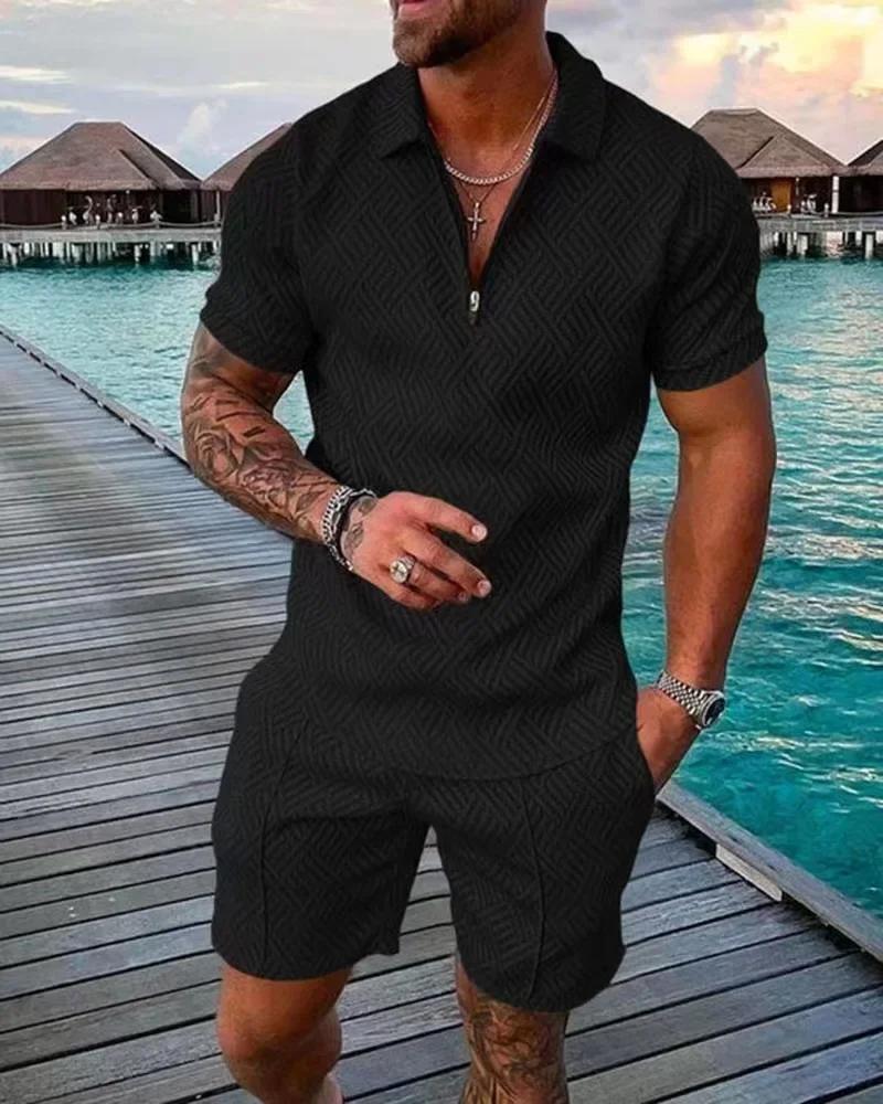 Conjunto de camisa polo e shorts de manga curta masculino, monocromático, decote em v, zíper, moda casual, novo, verão, 2 peças, 2024 - Image 1