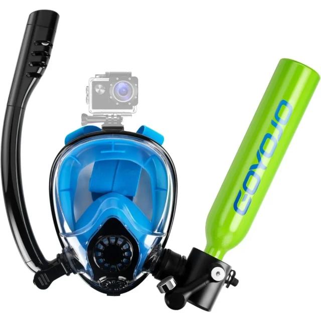 Tanque de mergulho portátil de 0,5L com máscara facial completa e sistema de respiração para snorkeling.