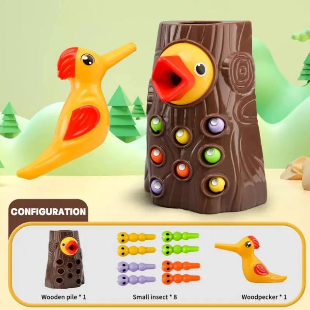 Brinquedo Educativo Montessori de Madeira para Crianças: Jogo Magnético de Alimentação com Pássaros e Insetos para Aprendizado em Família