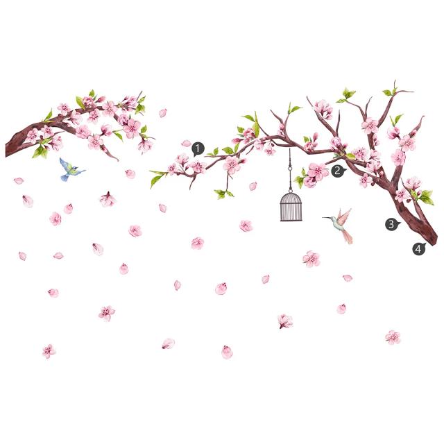 Adesivos de parede florais em rosa com flores de pêssego e pássaros para decorar quartos e salas de estar