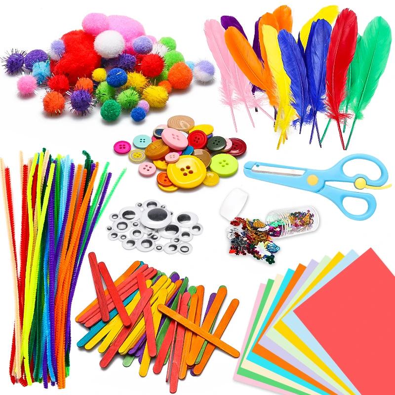 Diy arte artesanato kit para crianças pompons tubo pena espuma flores letras adesivo de cristal wiggle olhos googly kits de material artesanal - Image 1