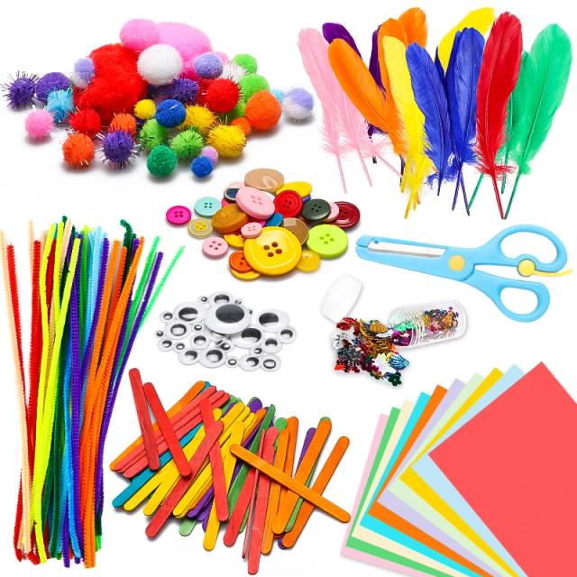 Kits de Artesanato DIY para Crianças: Pompons, Tubos, Penas, Espumas, Flores, Letras, Adesivos de Cristal e Olhos Wiggle.