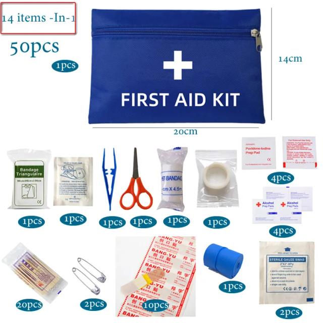 Kit de Primeiros Socorros Portátil para Emergências ao Ar Livre com 50 Acessórios para Carro e Viagens em Família