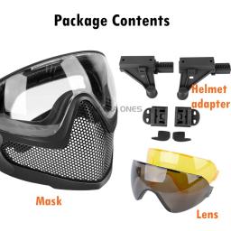 Airsoft máscara facial completa combate tático malha de aço máscara de proteção ao ar livre caça tiro paintball máscara facial com 3 lentes - Image 2