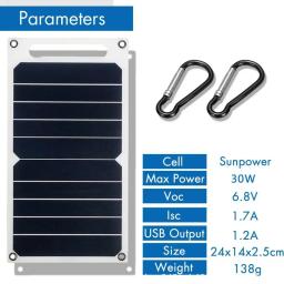 Painel solar com USB, impermeável, caminhadas ao ar livre e camping, bateria portátil, banco de carregamento do telefone móvel, 30W, 6.8V - Image 2