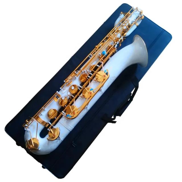 Saxofone Barítono de Ouro Laca com Corpo Branco e Acabamento de Alto Nível