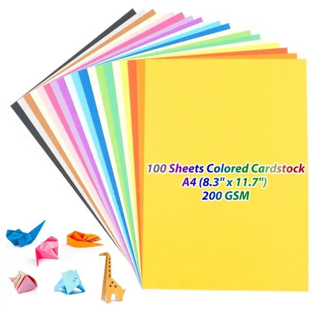 Cartão de Papel Colorido A4 para Artesanato DIY - 100 Folhas em 20 Cores Sortidas