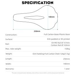 RYET-3D Impresso Bicycle Saddle, Almofada de Carbono, Super Leve, Assento para MTB, Cascalho, Bicicleta de Estrada, Acessórios de Ciclismo, 120g - Image 5