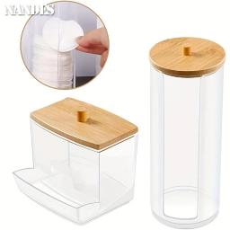 Caixa De Armazenamento De Acrílico com Tampa De Bambu, Jarra Do Banheiro, Organizador De Maquiagem, Algodão Rodada Pad Holder, Dispensador De Algodão, Tampa De Plástico Transparente - Image 4