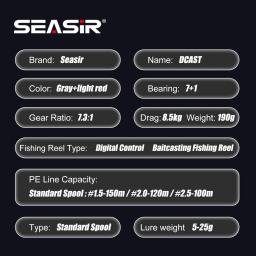 SEASIR DCAST DC Baitcasting Carretel de pesca Controle digital longo elenco arruelas de carbono engrenagens de latão 7.3:1 7 + 1BB Max Drag 8.5kg - Image 2