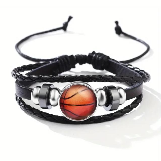 Bracelete Ajustável de Botão Instantâneo em Vidro e Couro para Esportes como Futebol, Basquetebol e Beisebol