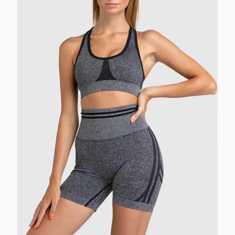 Conjuntos de yoga sem costura esportes fitness cintura alta hip levantar calças de manga comprida sem costas terno roupas de treino ginásio shorts conjunto para mulher - Image 1