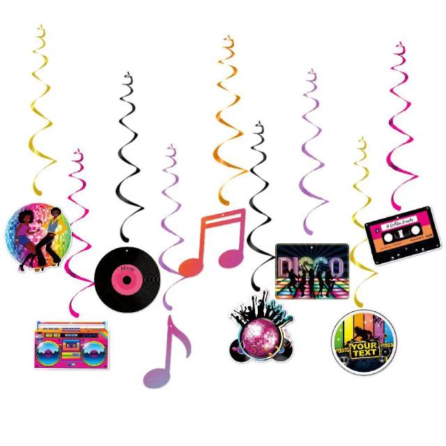 Decoração de Teto com Discos Temáticos: Redemoinhos, Notas Musicais e Espirais para Festas dos Anos 70, 80 e 90 - 18 Peças Festivas