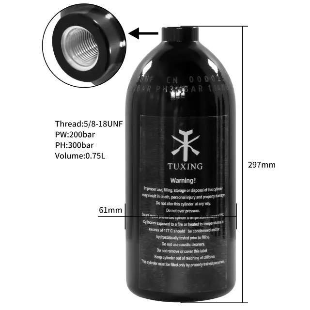 Tanque de Ar TUXING de Alumínio 0.75L para Mergulho - Alta Pressão 3000 PSI, 200 Bar, Ideal para Enchimento de Garrafas de Oxigênio CO2