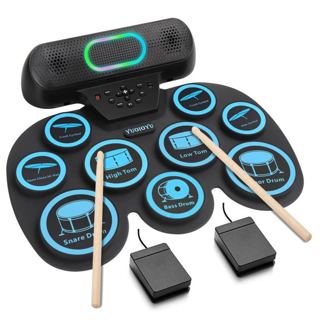 Bateria Eletrônica Portátil com 9 Almofadas para Crianças e Adultos, Alto-falantes Duplos, Fone de Ouvido e Acessórios Inclusos