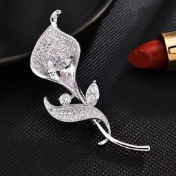 Broches de flores de cristal para mulheres, broche de tulipa banhado a prata, alfinetes de lapela, elegante, corpete, vestido de luxo, joia de zircônia, presente - Image 1