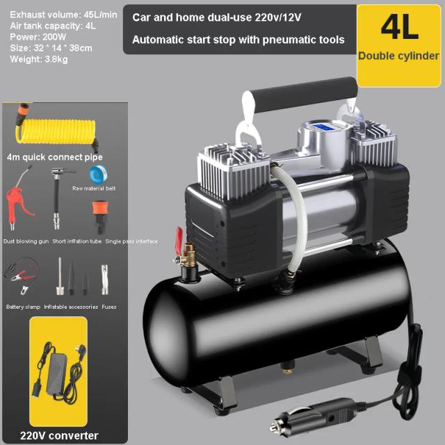 Compressor de Ar Portátil 12V/220V com Cilindro Duplo para Insuflação de Pneus, Balões e Bicos de Basquetebol - Capacidade de 3L e 4L