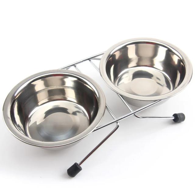 Tigela Dupla de Aço Inoxidável para Cães e Gatos com Suporte de Ferro - Alimentador Prático para Comida e Água