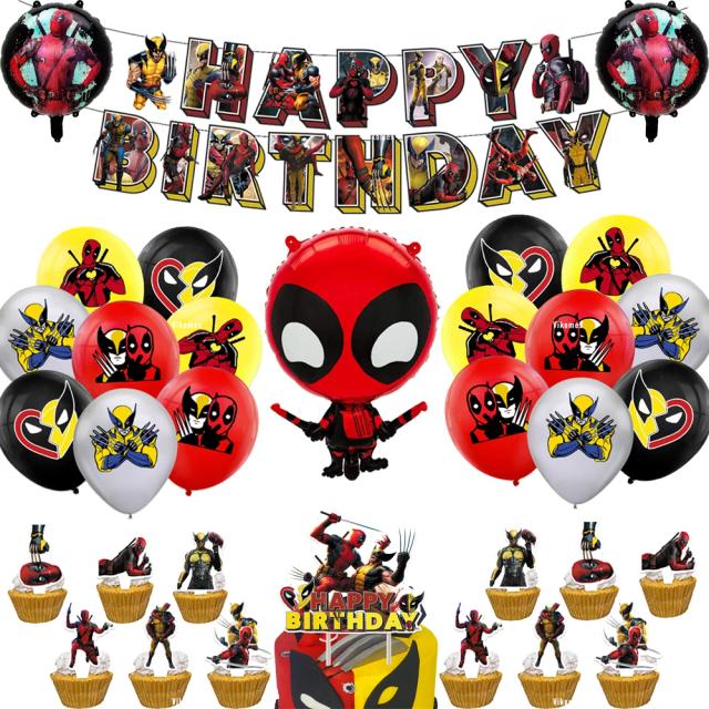 Decoração de Festa Temática: Balões do Deadpool e Wolverine, Toppers de Bolo e Adesivos de Aniversário com Banner Feliz