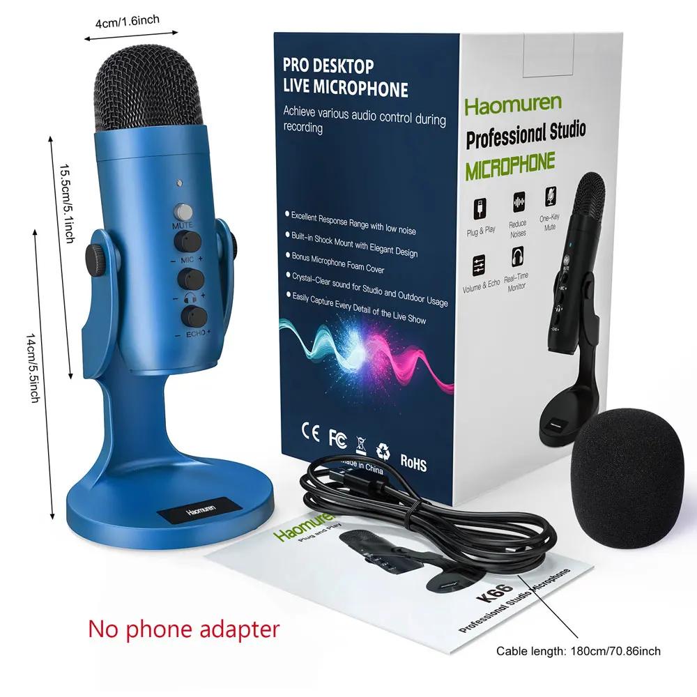 Haomuren usb condensador podcast microfone com botão de toque-mudo, profissional gamer microfone azul para gravação de computador streaming reunião - Image 1