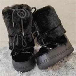 Botas de pele sintética para mulheres quentes e confortáveis botas de esqui 2025 inverno meio claf rendas plataforma impermeável botas de neve preto - Image 5