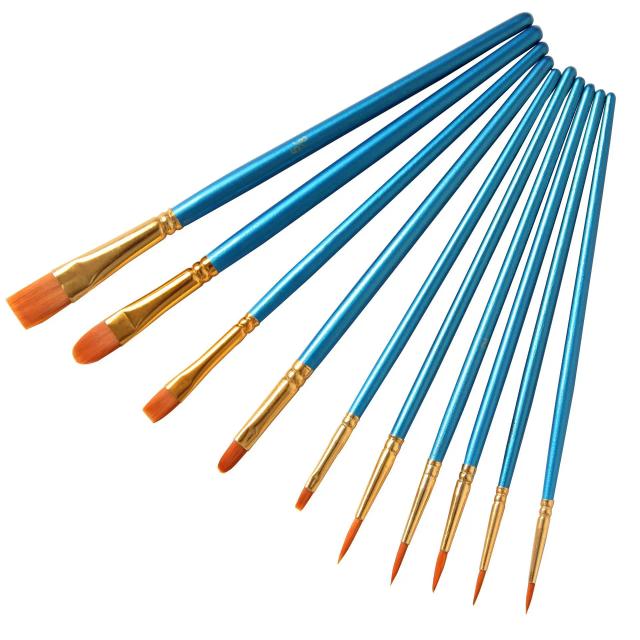 Conjunto Completo de Pincéis de Aquarela com 10 Peças em Vários Formatos e Ponta Afiada de Nylon