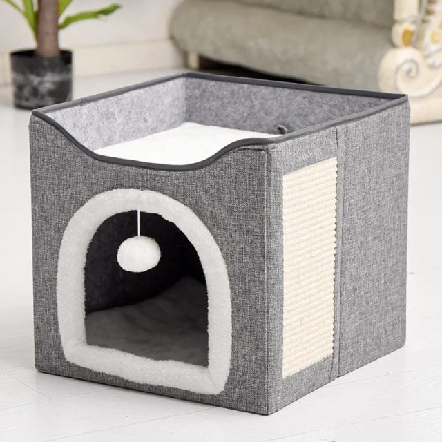 Casinha Dobrável para Gatos com Camada Dupla e Almofada Aquecida para Arranhões
