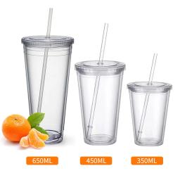 Garrafa de água transparente reutilizável de camada dupla, copo transparente com palha, adequado para café, leite, bricolage, smoothie, bebida, 350ml, 450ml, 650ml - Image 1