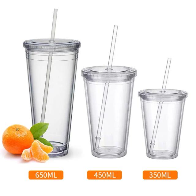 Garrafa de Água Reutilizável com Camada Dupla e Palha - Copo Transparente para Café, Leite, Smoothie e Bricolagem em Tamanhos de 350ml, 450ml e 650ml