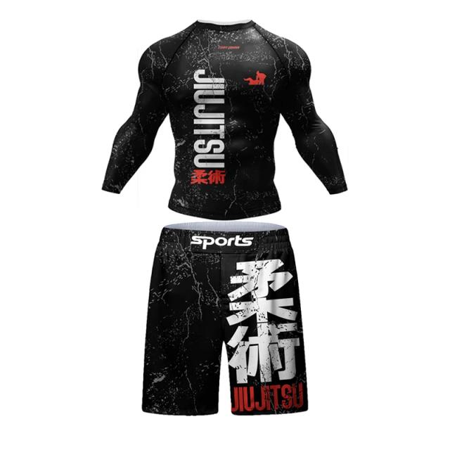 Conjunto Masculino de Roupas Esportivas para MMA e Jiu Jitsu: Camiseta, Calça e Calções de Ginástica em 4 Peças